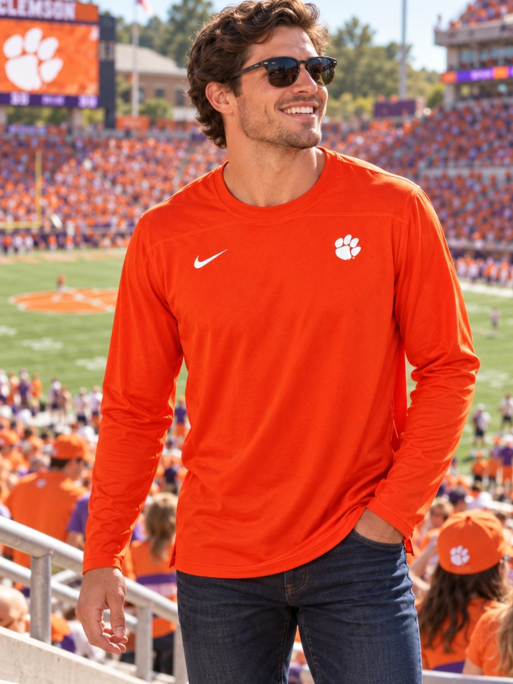 Nike Clemson Tigers Men Size XL Orange Dri-FIT Long-Sleeve Performance Shirt EUC